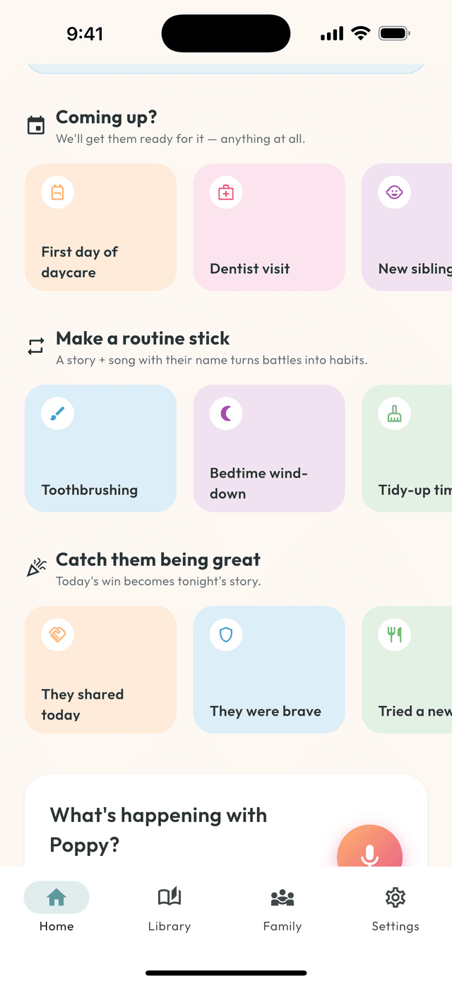 Little Narratives app home screen showing 'Coming up?' with first day of daycare, dentist visit and new sibling