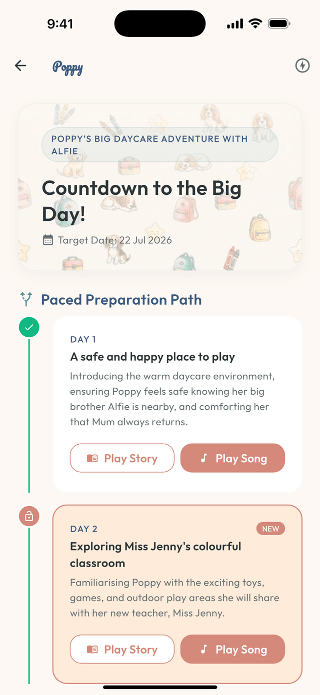 A five-day preparation path in the app, with Day 1 complete and Day 2 unlocked