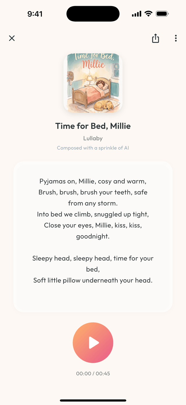 The song player in the app showing a personalised lullaby with its lyrics
