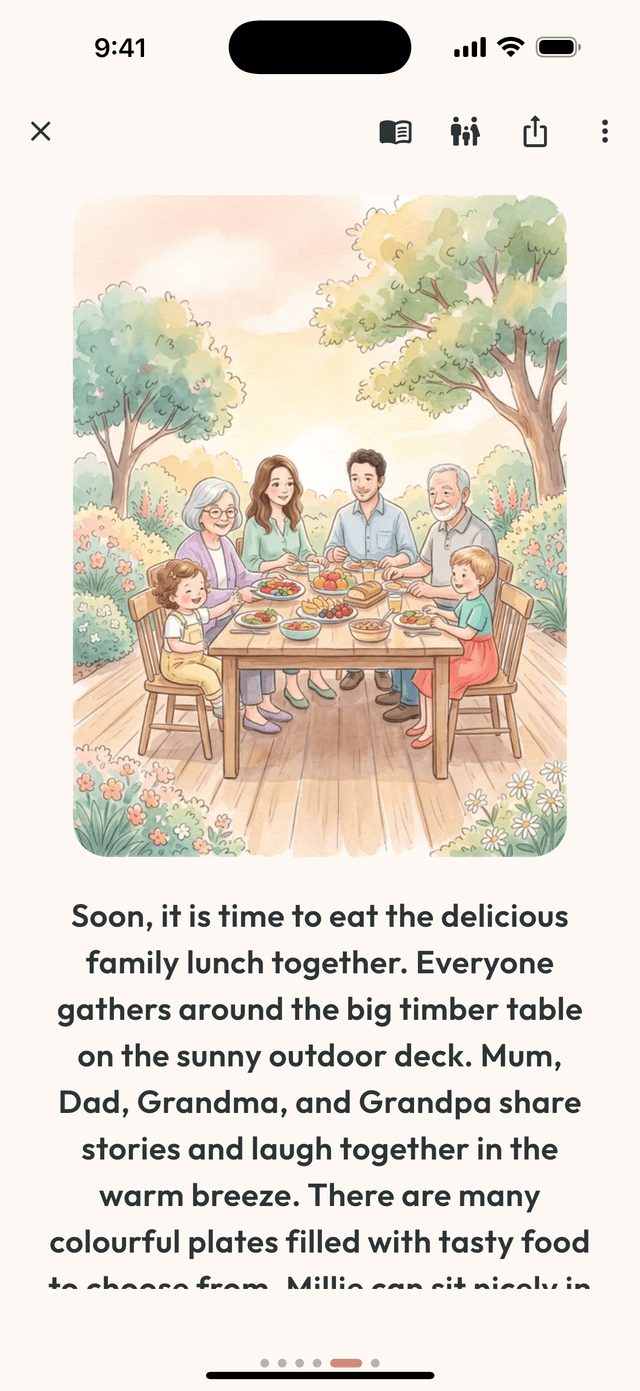 A watercolour storybook page in the app showing a family sharing lunch together