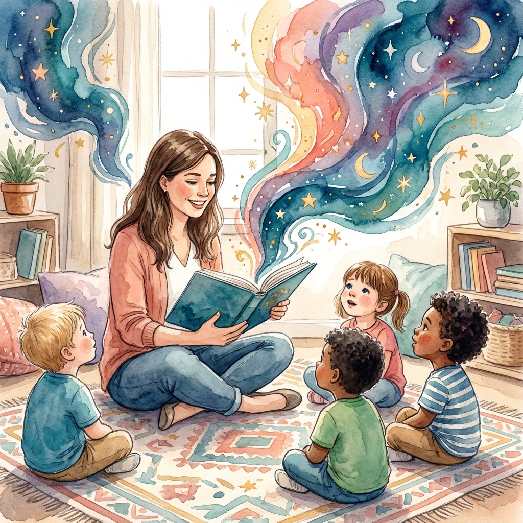 Educator reading a personalised story with children at a childcare centre