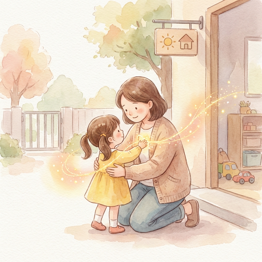 Watercolour storybook page — first day at daycare